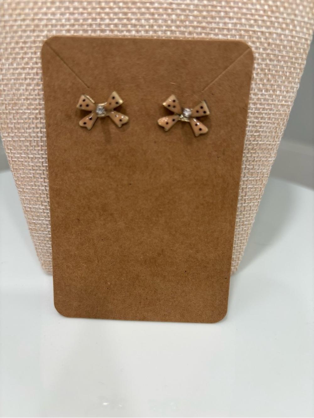 Kids Bow Stud Earrings in Beige with Crystal Accent